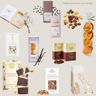 Assorted chocolate and confectionery items on a light background