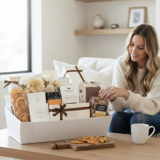 Attractive woman sitting on the safa in a modern contemporary decor style living room. She is holding the large Luxury gathered grace box in her hands, the perfect luxury gift box for coproaet or personal gifting with hand delivery to reno, nevada or shipping nationwide 