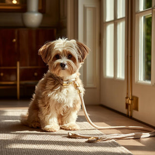 Small dog sitting on a rug with a leash in a sunlit room.