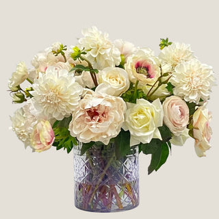 "True Bloom Real Touch café au lait floral arrangement with dahlias, roses, ranunculus, peony and anemone in cut glass round vase with illusion water – 20x20x18 inches"