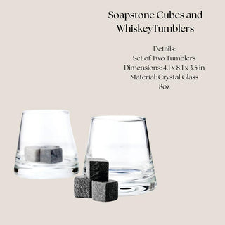 Two clear whiskey tumblers with reusable black soapstone cooling cubes from the Deluxe Sip & Savor gift box.