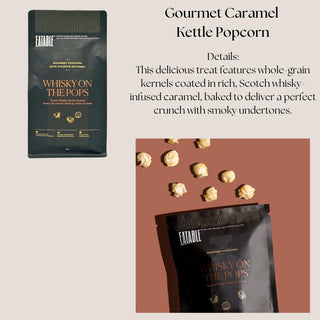Bag of Scotch whisky-infused caramel kettle popcorn shown with crisp caramel-coated kernels from the Deluxe Sip & Savor gift box.