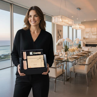 Woman holding the Truffles & Bubbles celebration gift box filled with two stemless champagne glasses, truffles, and a champagne bottle–shaped candle, styled in a bright, modern dining space with glass and gold accents for a sophisticated gifting presentation.