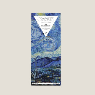 Chocolate bar packaging with Van Gogh 'Starry Night' design on a light gray background