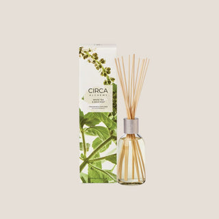 Circa White Tea and Wild Mint fragrance diffuser, 8.4 fluid ounces, with reed sticks and botanical gift box as a scent option for the Welcome Home New Home Gift Box.