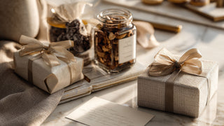 Two gift boxes with ribbons on a table with jars and papers.