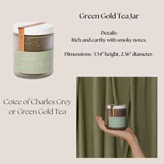 Green Gold loose-leaf tea jar with rich, earthy, smoky tasting notes and dimensions.