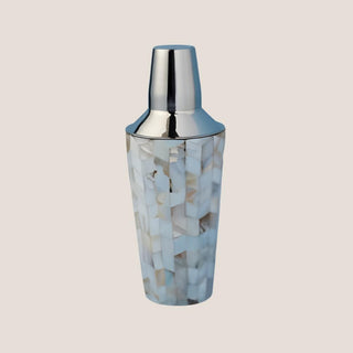 Cocktail shaker covered in iridescent white and gray shell mosaic with a polished silver-tone cap.