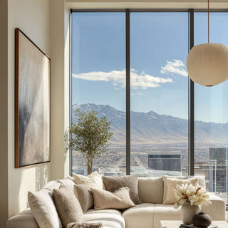 Modern living room with a large window view of mountains in reno nevada