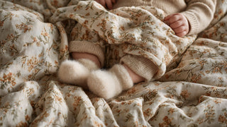 Soft neutral photo of a newborn baby wrapped in a soft floral blanket with knit booties, styled for luxury baby gift boxes and gifts from Biggest Little Baskets