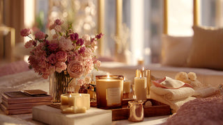 Luxury self-care gift box styled with candles, soft florals, and cozy textures representing thoughtful gift boxes and baskets for women from the Leading Lady collection by Biggest Little Baskets