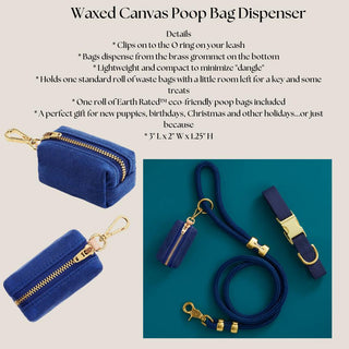 Marine-blue coated-canvas dog waste-bag dispenser with brass clip and zipper shown beside the matching leash.