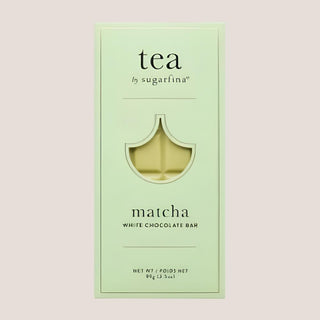 Pale green package of matcha white chocolate included as a tea-time confection.