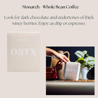 Bag of Onyx Monarch whole-bean coffee shown with product details for the caffeinated Petite Java Joy selection.