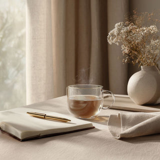 Clear cup of tea beside a journal, pen, and dried flowers in a calm neutral setting; styled accessories are not included.