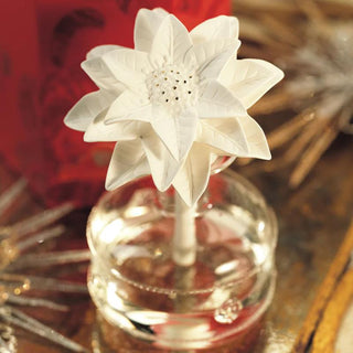 Close-up of the white porcelain poinsettia diffuser on a red and gold holiday surface.