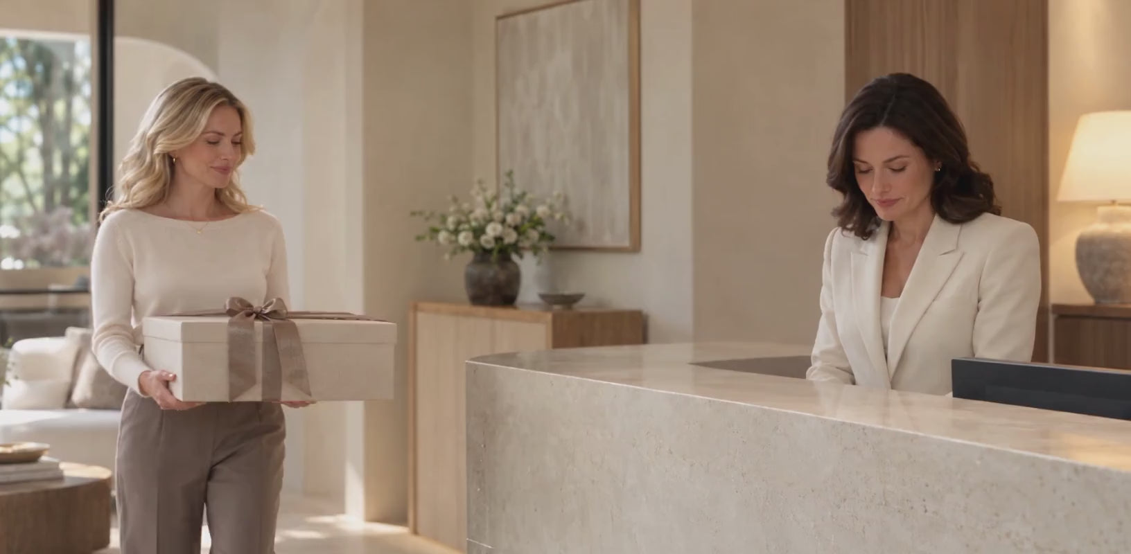 A woman presents an ivory linen gift box tied with a bronze-taupe ribbon at an office reception desk, showcasing luxury corporate and custom gifting by Biggest Little Baskets.