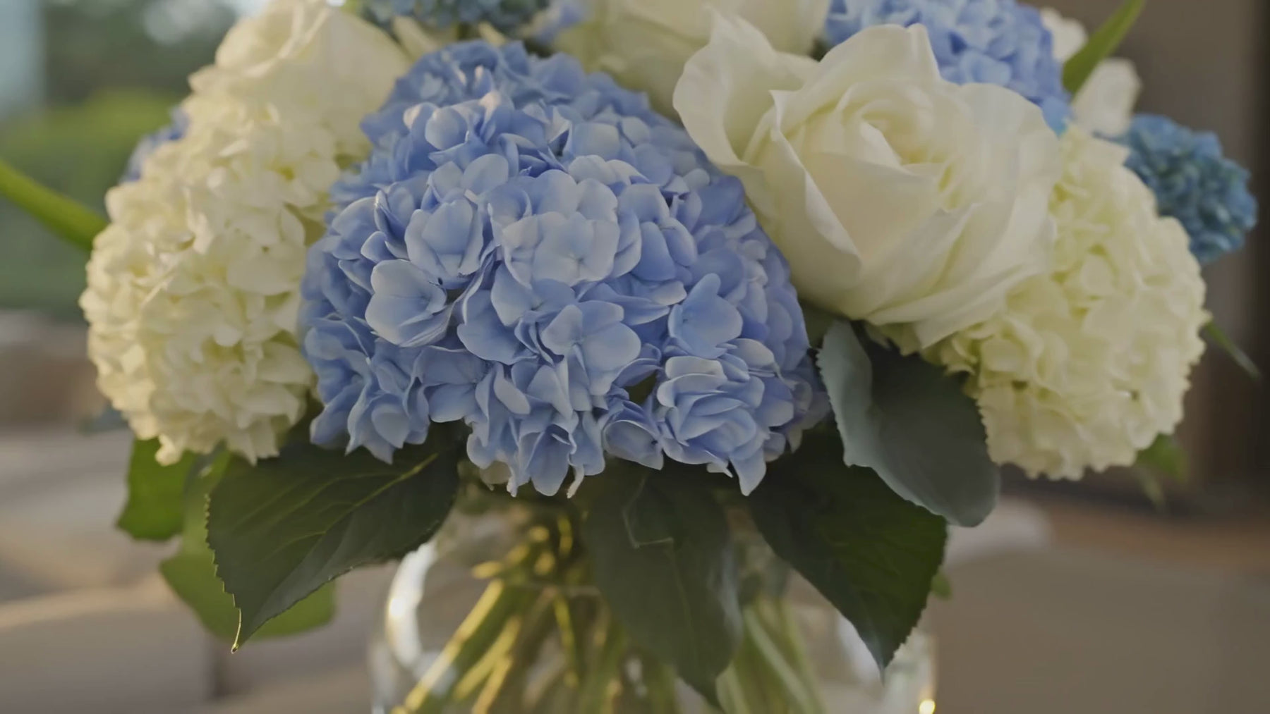 True Bloom Real Touch Blue and White Hydrangea, Rose & Austin Rose Premade Floral Arrangement  