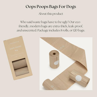Eight rolls of thick, unscented compostable dog waste bags shown with their kraft paper dispenser box.