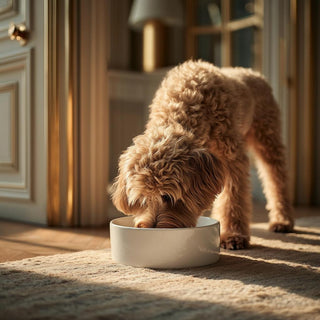 Curly brown dog eating from the white ceramic bowl included in the flax Deluxe Puppy Love Gift Box.