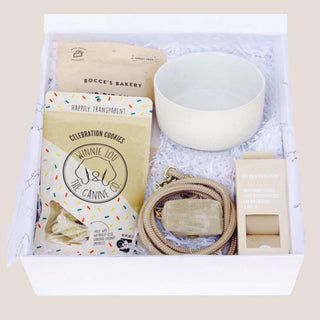 Open white Deluxe Puppy Love box with flax rope leash, ceramic bowl, waste bags, canvas dispenser, and dog treats in white fill.