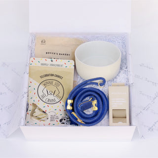 Open white Deluxe Puppy Love box with marine-blue rope leash, white ceramic bowl, waste bags, blue dispenser, and treats.