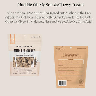 Front and back packaging for Mud Pie Oh My soft and chewy dog treats with ingredient details.