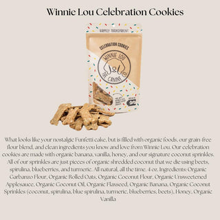 Winnie Lou celebration dog cookies in a sprinkle-patterned package with bone-shaped cookies displayed beside it.