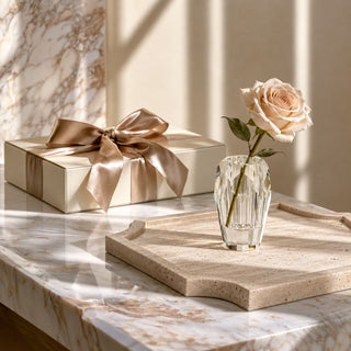 Settle In New Home Gift Box Level 2 with medium travertine tray and crystal glass bud vase option, designed for housewarming, closing, and client gifts.