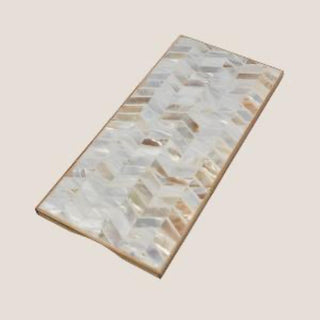 Rectangular bamboo serving tray with an iridescent white, pearl, and gray shell mosaic surface and slim gold-tone edge.