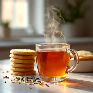 A steaming glass cup of tea sits on a sunlit marble surface, surrounded by loose leaf tea and a stack of golden shortbread cookies in the background, creating a cozy and inviting morning scene.