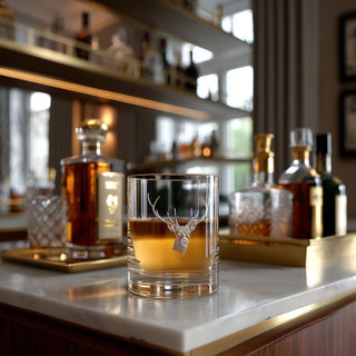 Stag-head etched clear tumbler holding whiskey on a bar counter with bottles softly blurred in the background.