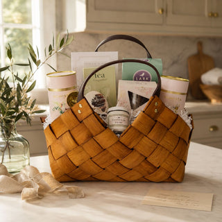Tea Time woven gift basket filled with loose-leaf teas, cookies, chocolate, citrus, and a preserve on a marble kitchen counter.