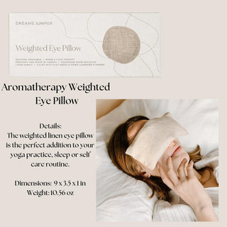 Lavender aromatherapy weighted eye pillow shown in its box and resting over a woman's eyes.
