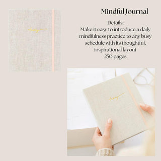 Linen-covered mindful journal with gold lettering shown open to its guided pages.