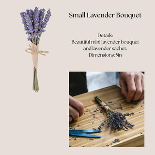 Petite dried French lavender bouquet tied with jute and shown with a close-up of lavender preparation.