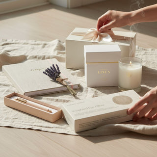 Thinking of You self-care collection styled with linen journal, signature pen, white linen candle, lavender and weighted eye pillow.
