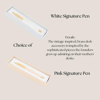 White-and-gold and pink-and-gold signature pen options shown in slim presentation boxes.