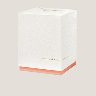 White patterned presentation carton for the To Have, To Hold wedding candle with a blush base and gold lettering.