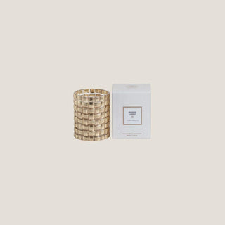 Gold braided-glass wood-wick candle displayed beside its white Tonka Absolute presentation box.