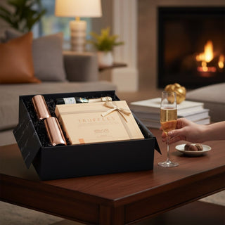 Open black Truffles & Bubbles celebration gift box styled on a coffee table with copper flutes, chocolates and candle.