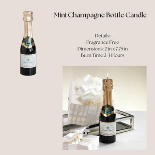 Petite champagne bottle-shaped fragrance-free candle shown lit beside gift ribbon.