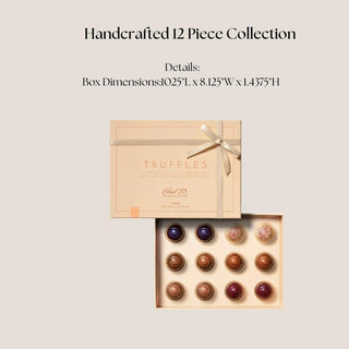Ribboned 12-piece handcrafted chocolate truffle collection shown open with assorted truffles.