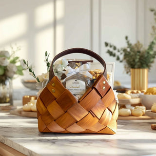 Biggest Little Baskets signature Woven basket with a product on a marble surface with a blurred background