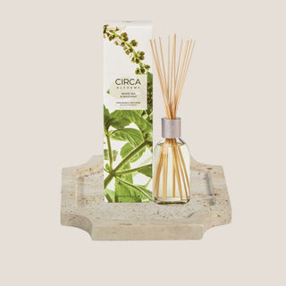 Welcome Home New Home Gift Box Level 1 with White Tea and Wild Mint diffuser and small travertine tray, a simple new home gift option for housewarming, client, or closing gifts.
