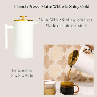 White French press with polished gold accents shown with dimensions of approximately 6.1 by 6.1 by 9.6 inches.