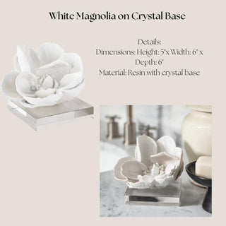 White magnolia object detail card showing the resin bloom, crystal base and 5-by-6-by-6-inch dimensions.