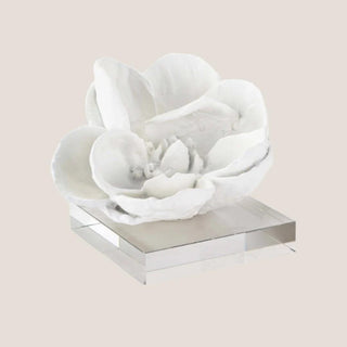 Detailed white resin magnolia bloom displayed on a thick clear crystal square base.