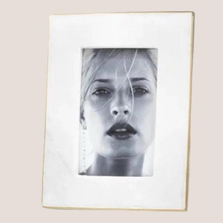 Front view of the Tevi 4 x 6 photo frame with a wide white marble border, subtle veining, and slim gold trim.
